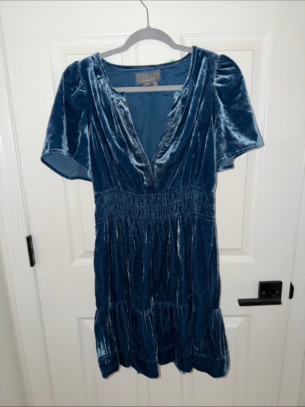 Anthropologie Teal Velvet V-Neck Tiered Short Sleeve Dress
